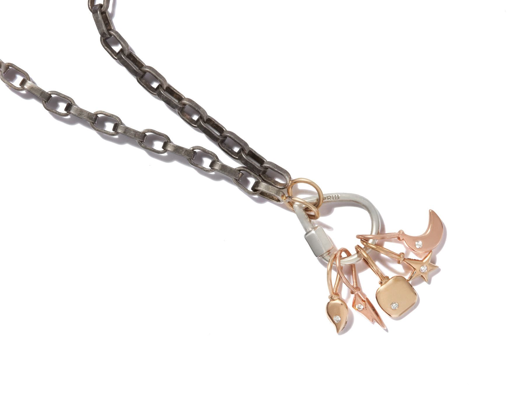 Blackened silver necklace with small silver droplock and other gold charms