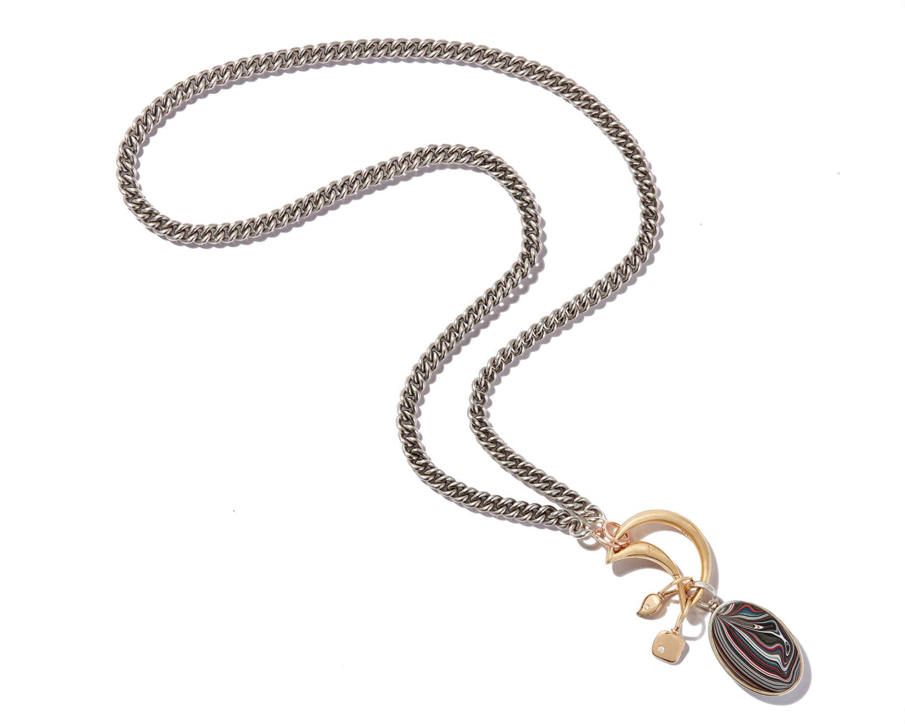 Sterling silver heavy chain necklace with moon and fordite charms