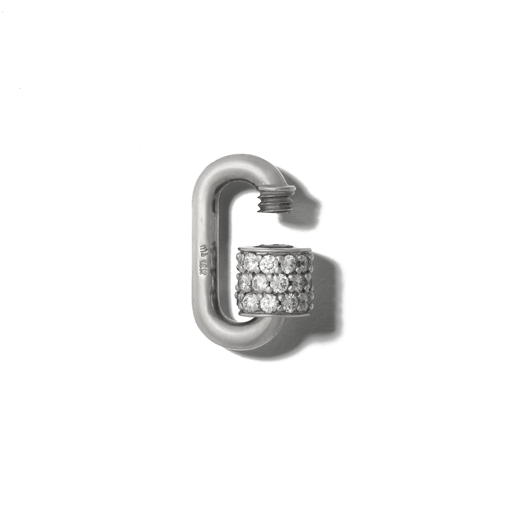 Silver diamond lock charm with open clasp