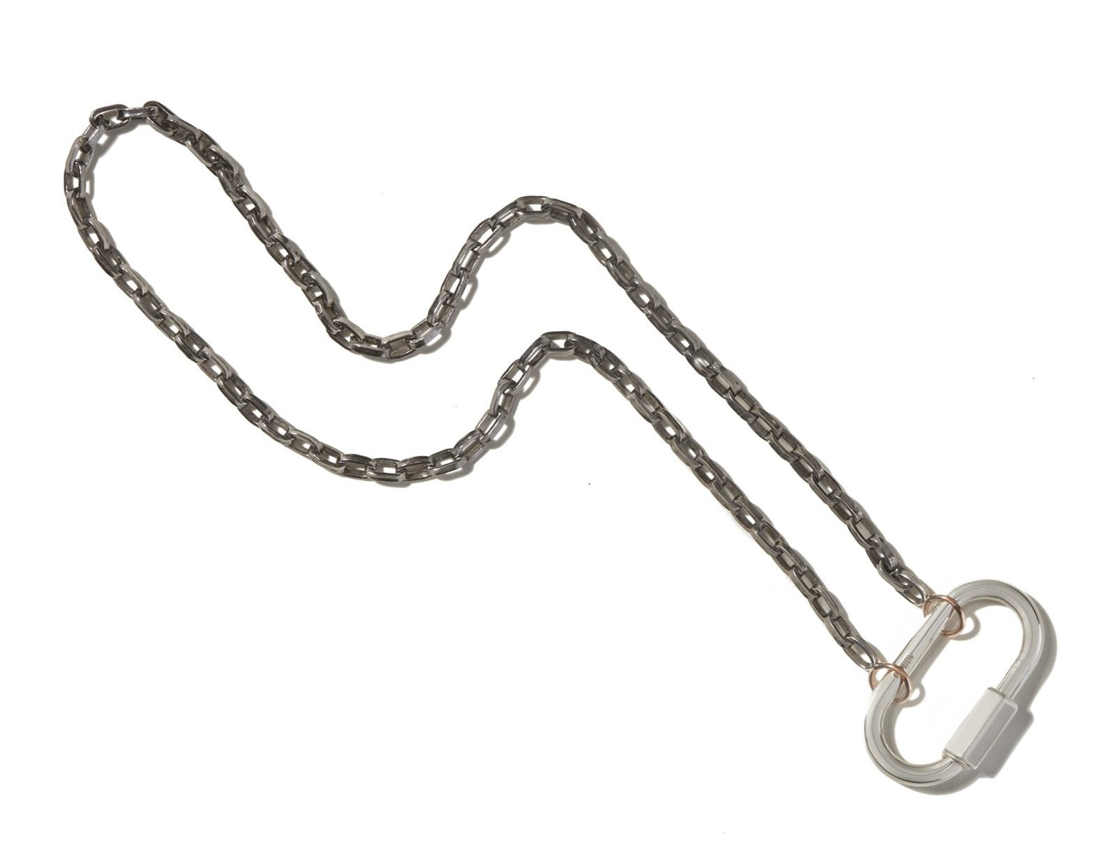 Blackened silver chain with rose gold loops and silver lock