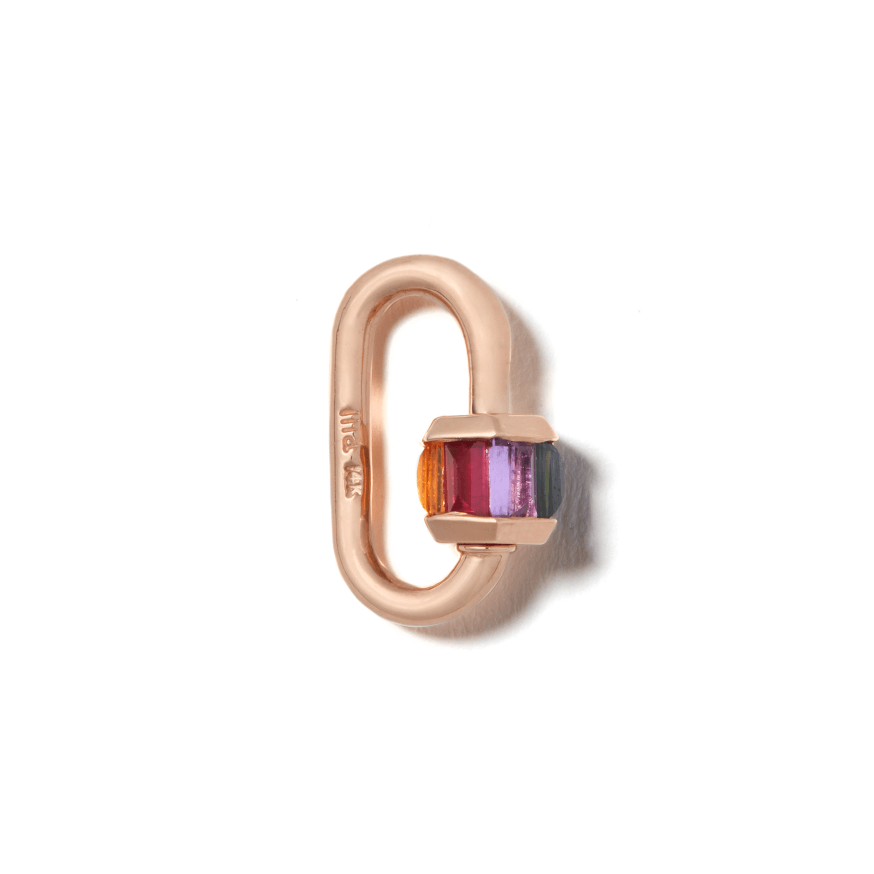 Rose gold roygbiv jewelry lock against white backdrop 