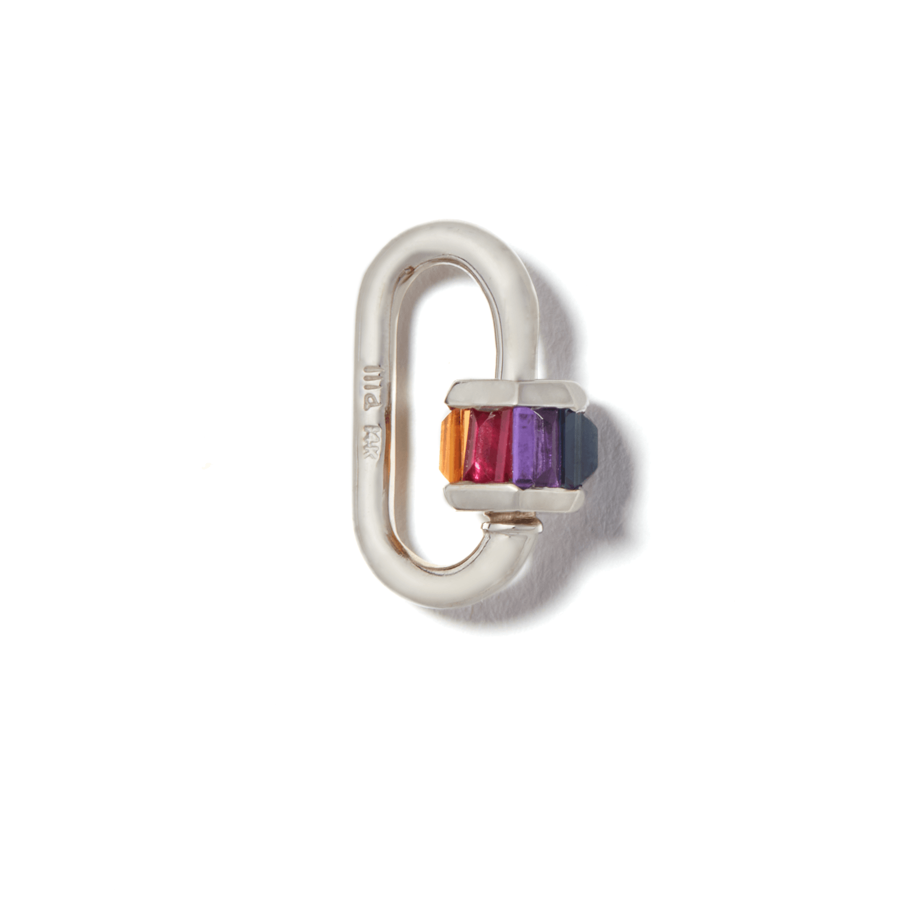 Silver rainbow gemstone jewelry lock against white backdrop 