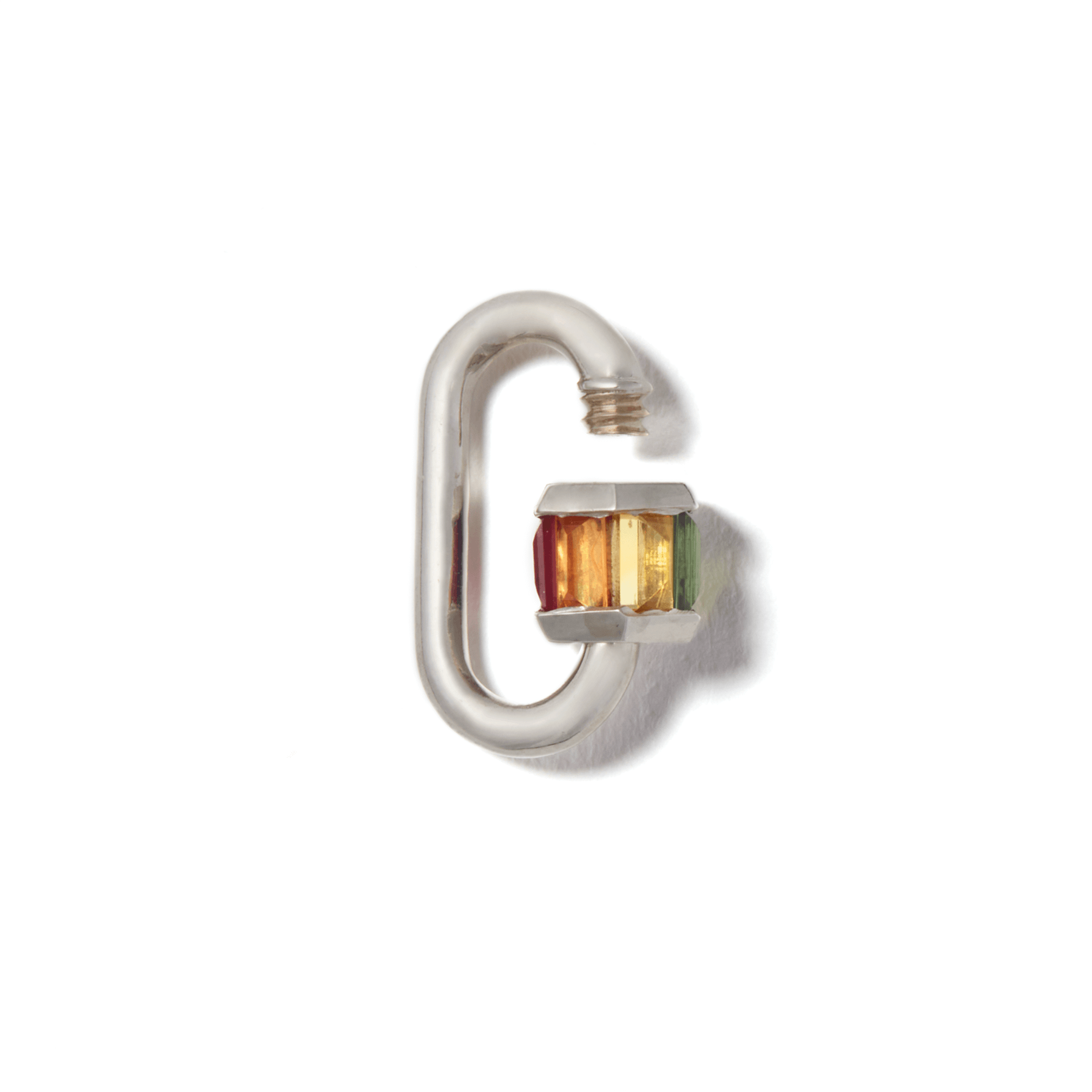 Silver roygbiv fine jewelry lock with open clasp against white backdrop