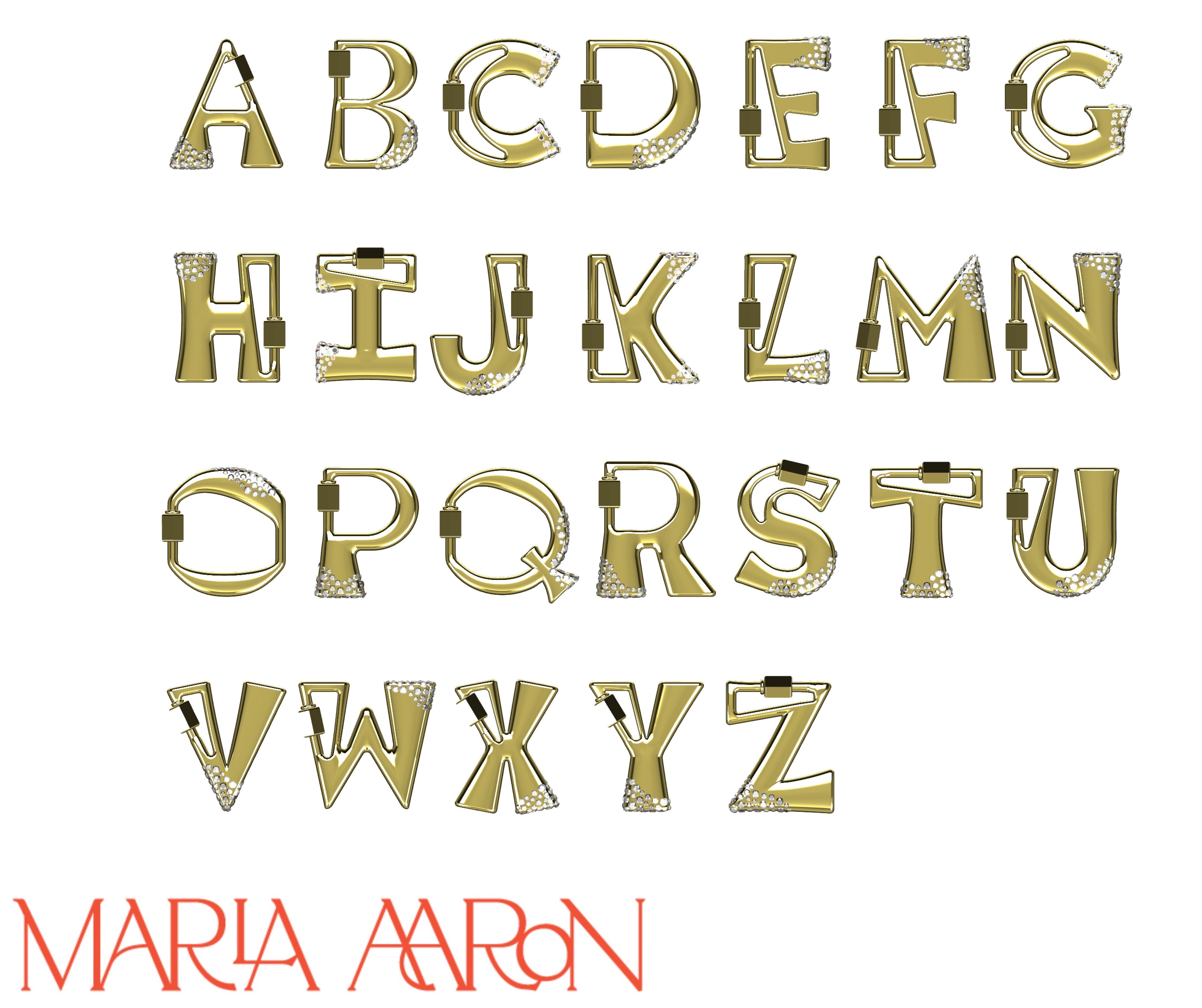 Gold locks of every letter of the alphabet including M charm against white backdrop with Marla Aaron logo in bottom left corner