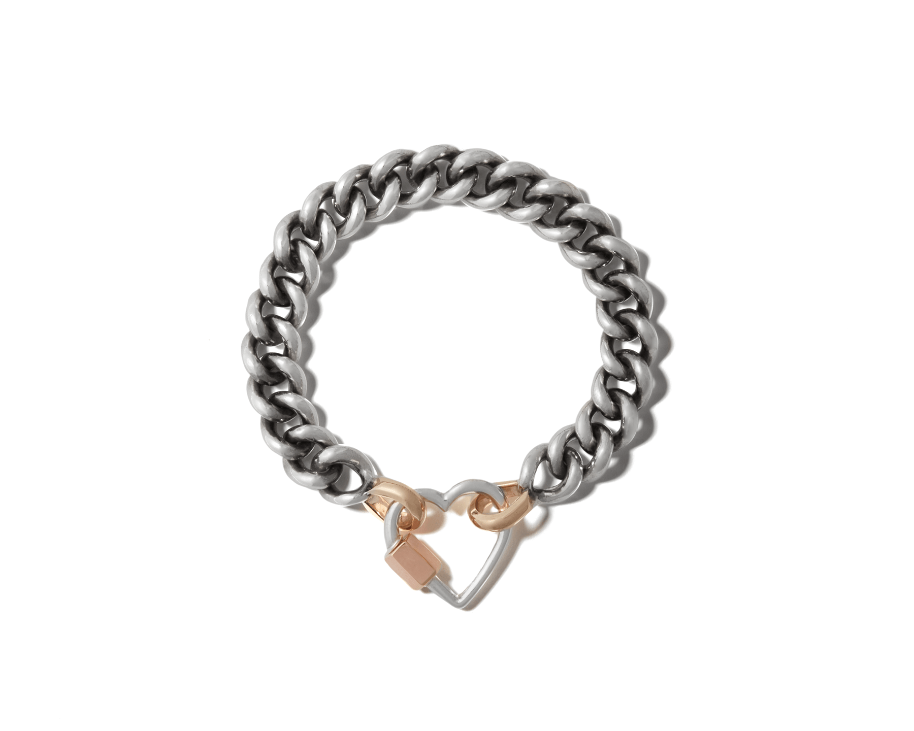 Silver big curb chain bracelet with rose gold loops and heart lock attached