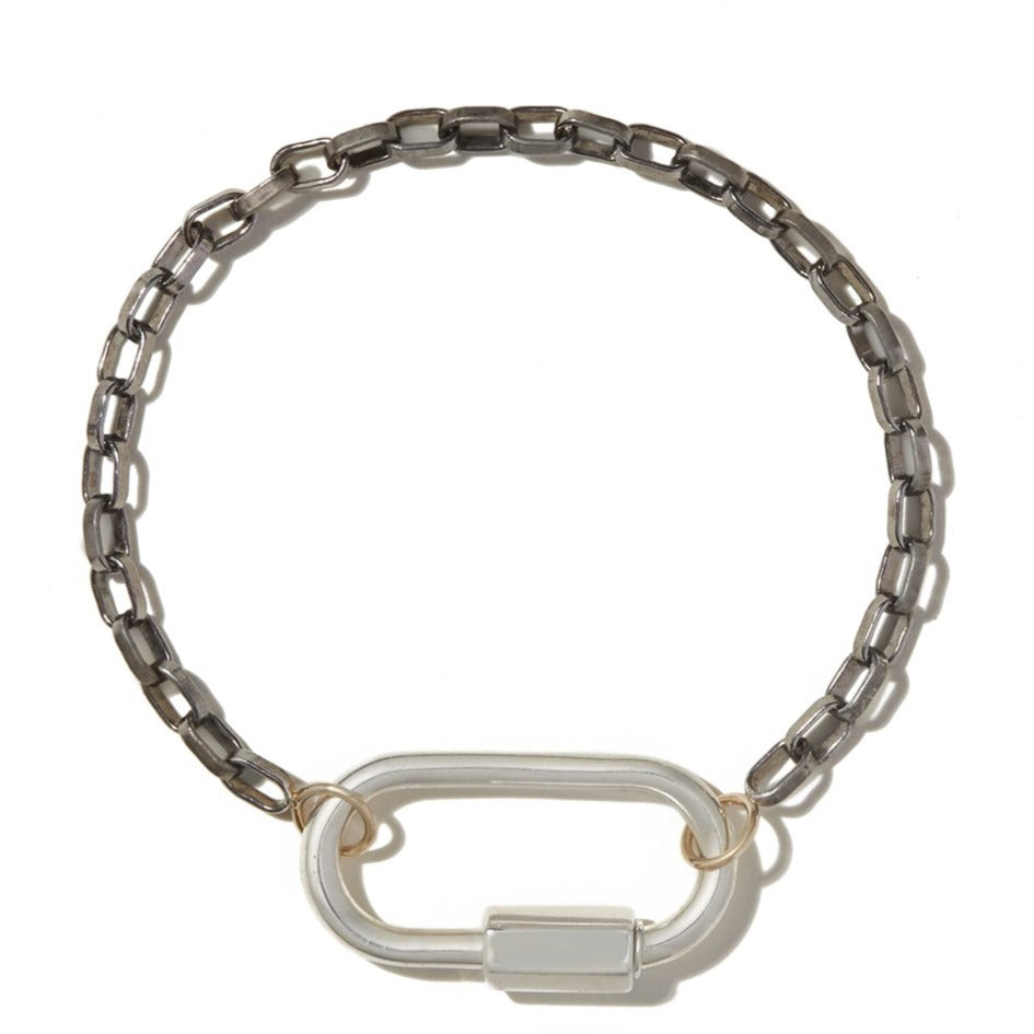 Blackened silver bracelet with yellow gold loops and silver lock