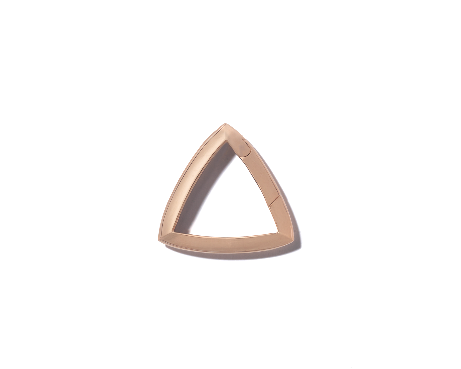 Rose gold triangle lock with open clasp against white backdrop