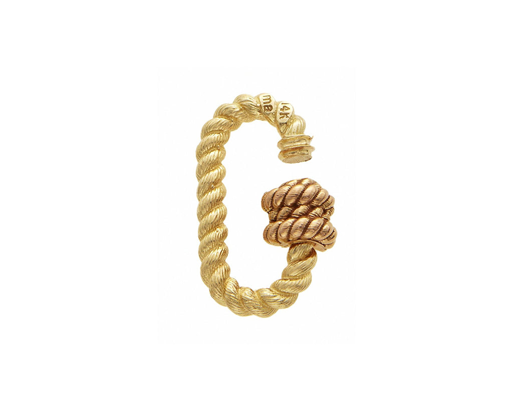 Yellow gold twisted lock charm with open rose gold clasp against white backdrop