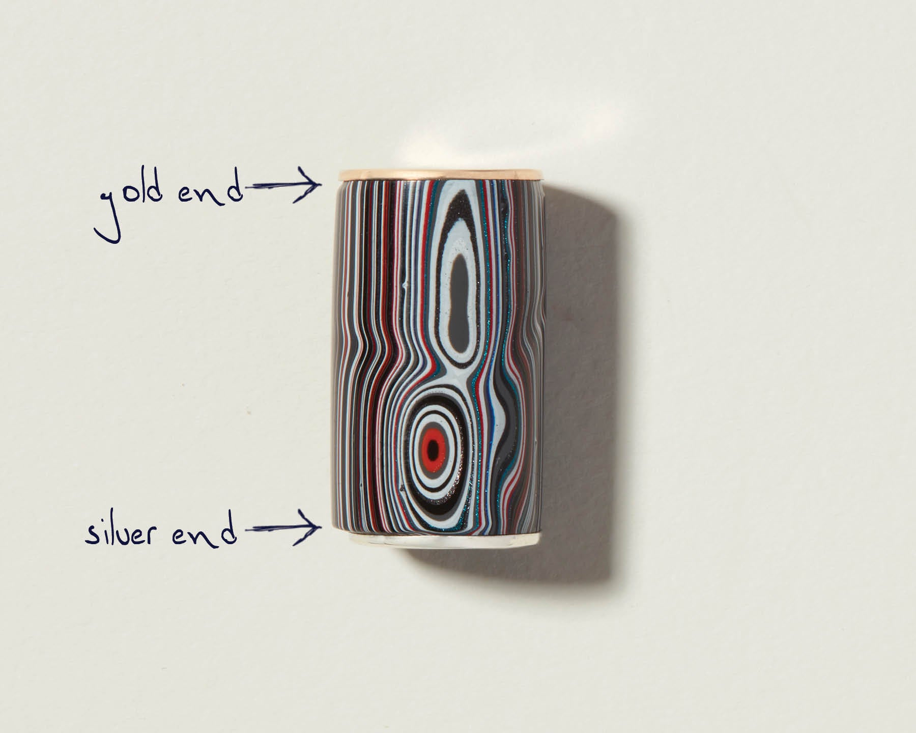 Fordite charm bead with gold and silver ends labeled against white backdrop