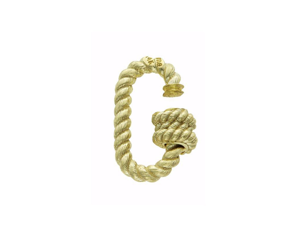 Green gold twisted lock charm with open clasp against white backdrop