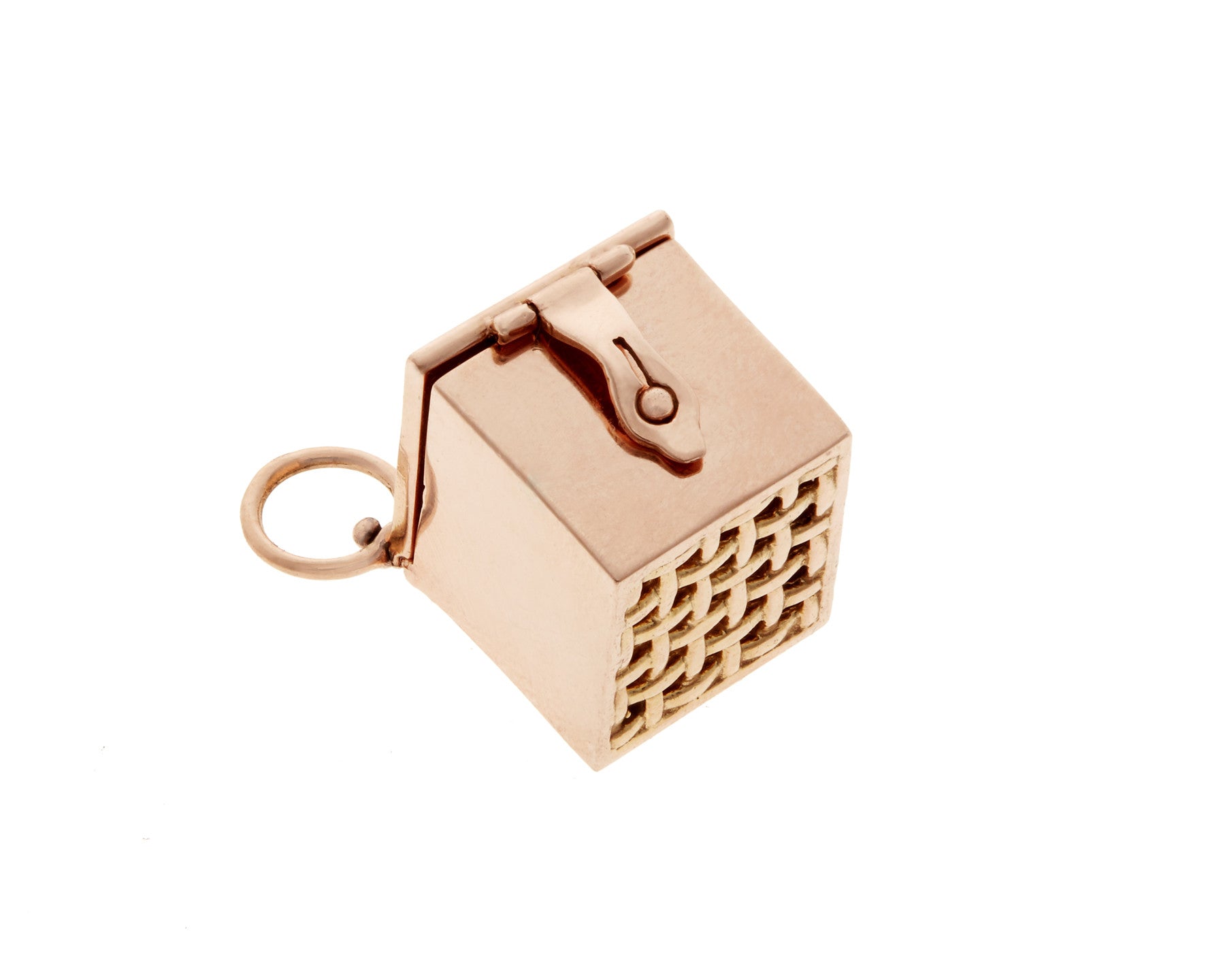 Rose gold vinaigrette box with lattice bottom against white backdrop