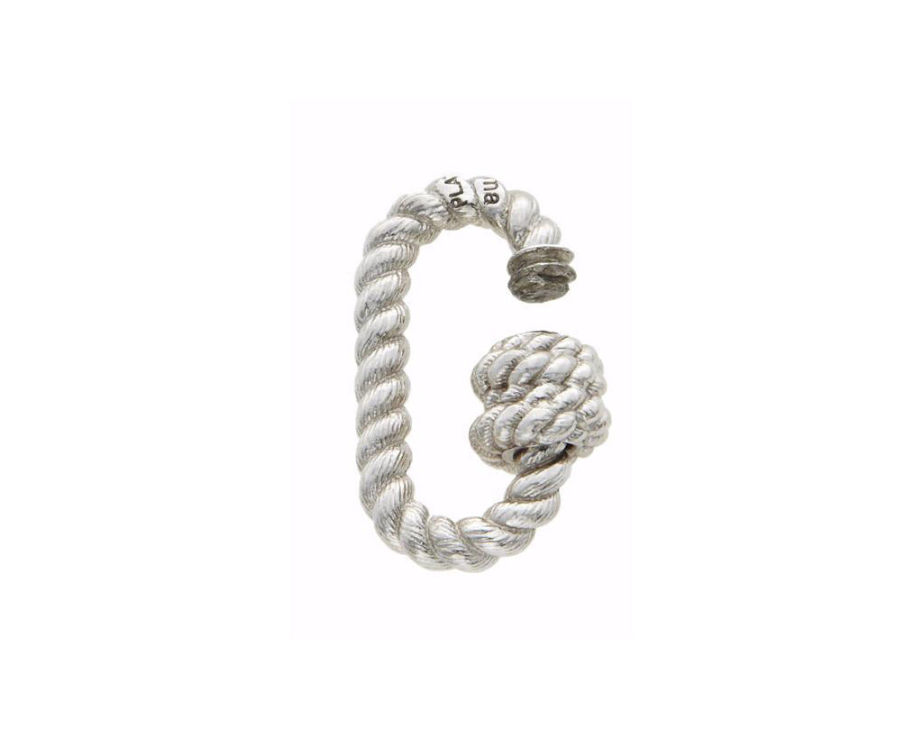 Silver twisted lock charm with open clasp against white backdrop