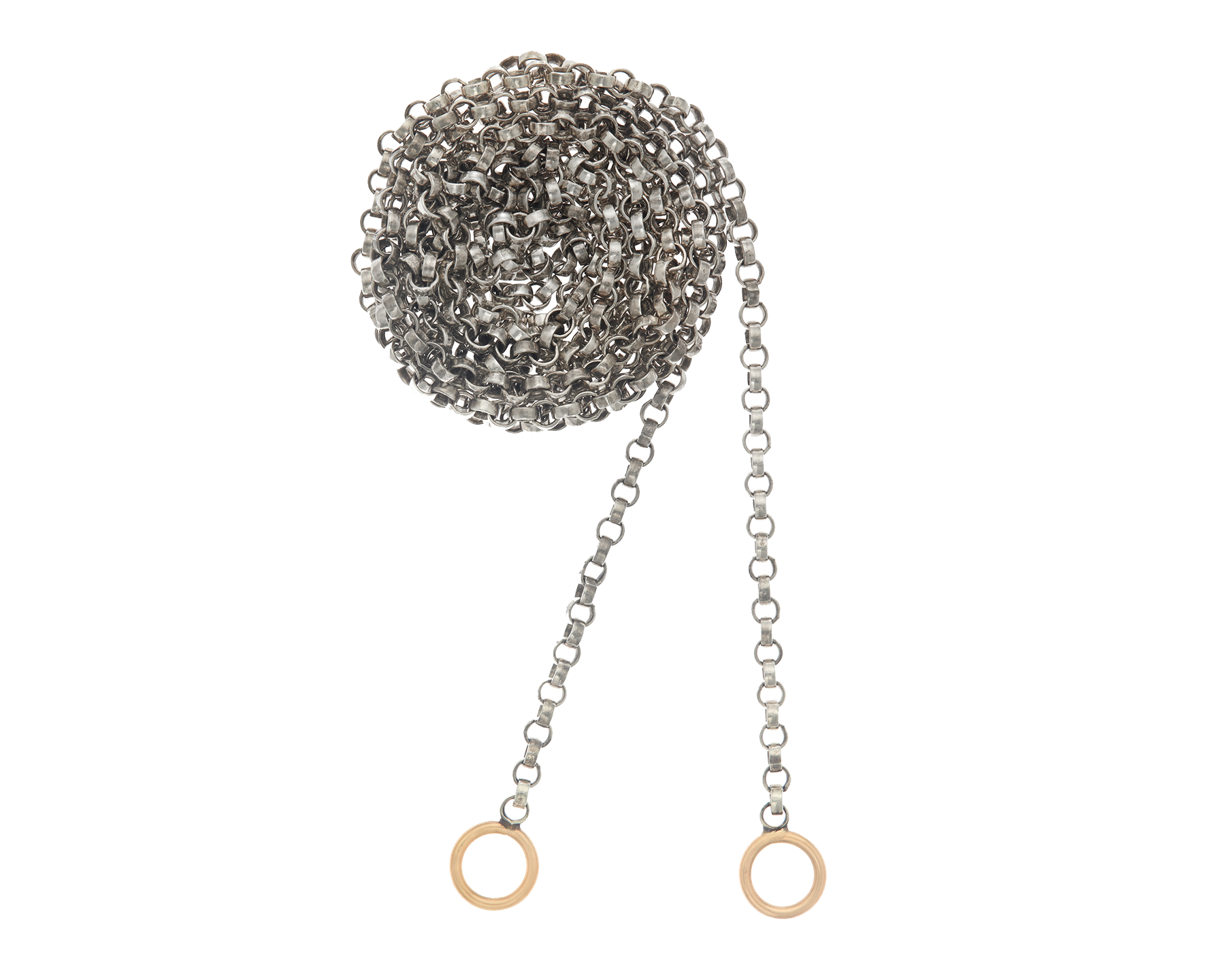 Wound up silver rolo necklace chain with gold loops against white backdrop