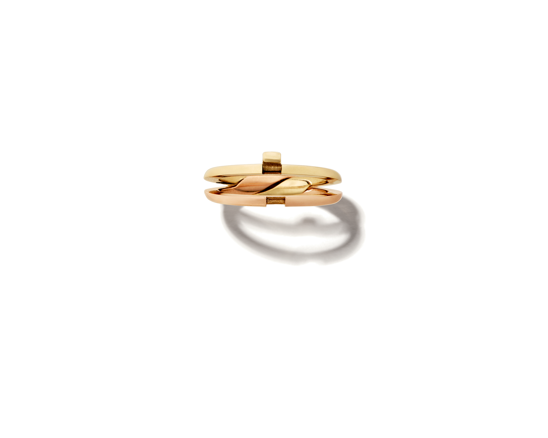 Front view of rose gold and yellow gold intertwine ring with two rings separating