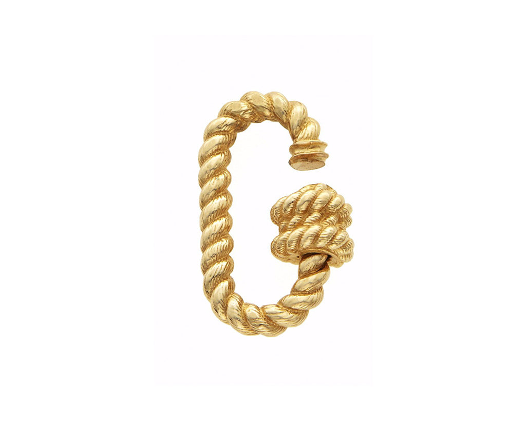 Yellow gold twisted lock charm with open clasp against white backdrop