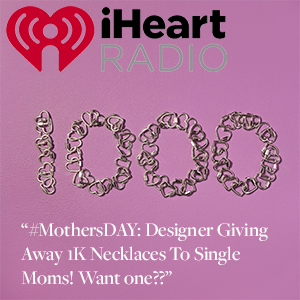 An image of silver heartlocks that are layed in piles so that they spell "1000", on a purple background and the iHeart Radio logo, along with a quote from the article that says, "#MothersDAY: Designer Giving Away 1K Necklaces To Single Moms! Want one??"