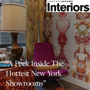 A photo of a purple chair and the custom Marla Aaron wallpaper. Over the image is the Modern Luxury Interios publication logo and a quote from the article that reads "A Peek Inside The Hottest New York Showrooms"