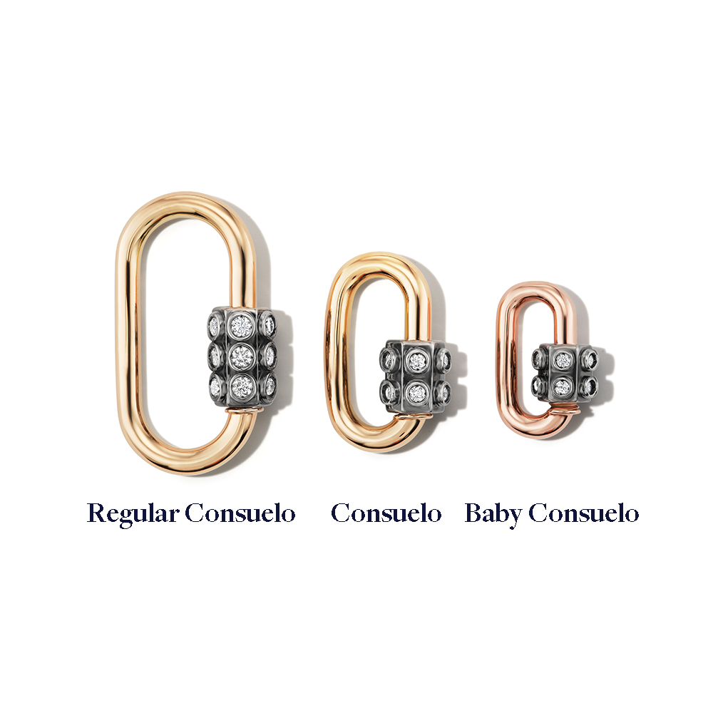 Three diamond stud locks of varying sizes alongside each other including baby consuelo lock
