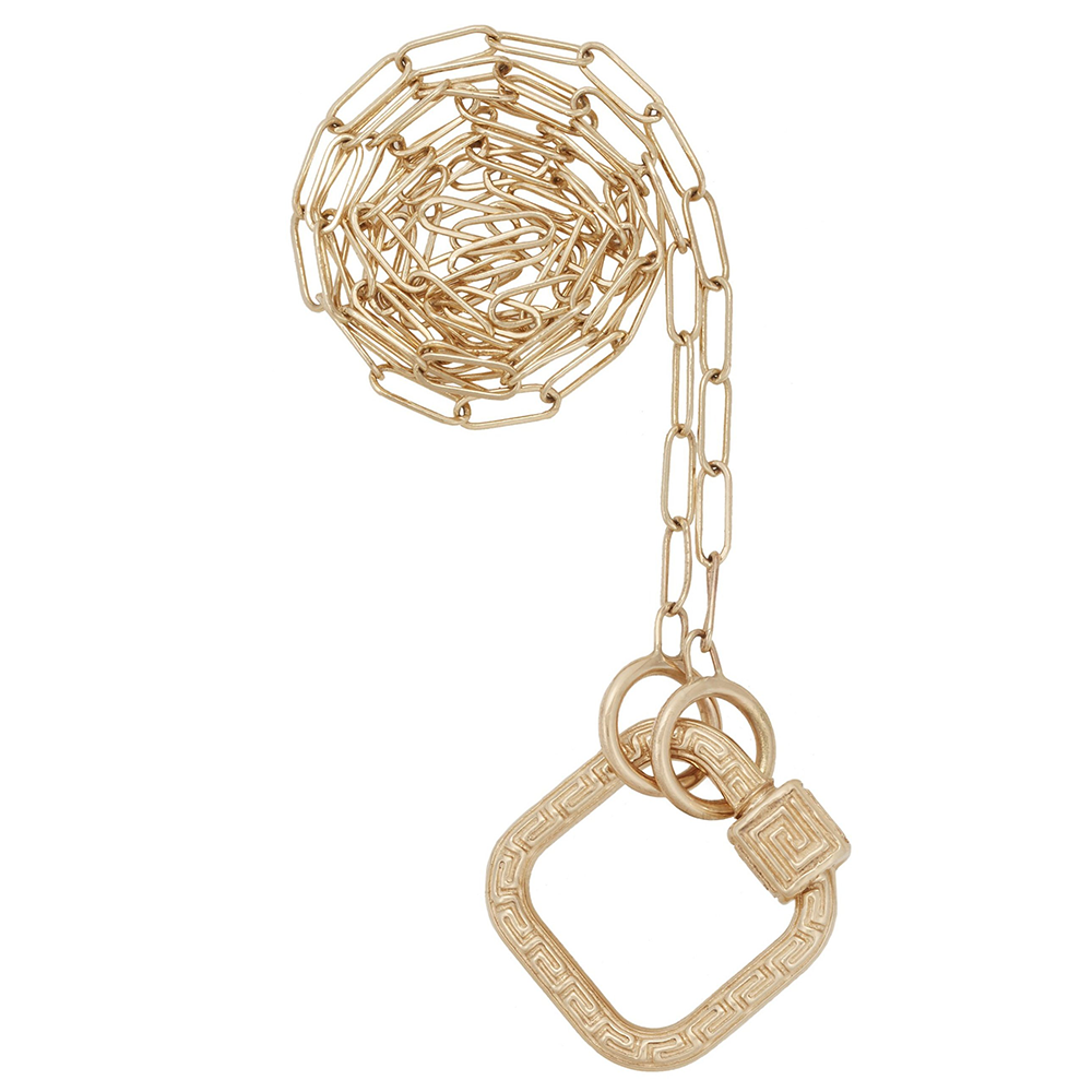 Gold Marla Aaron Baby Meander lock on a gold square link chain against white backdrop