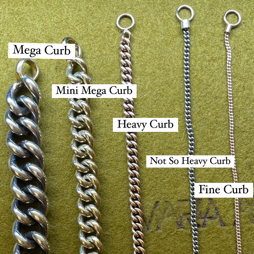 Line up of five different curb chain bracelet thicknesses against green backdrop
