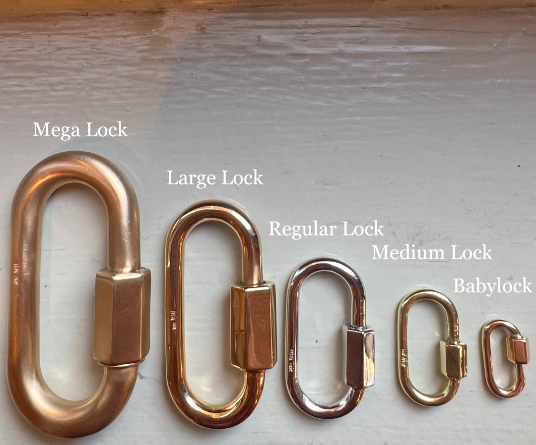 Line up of five different mega lock sizes including Marla Aaron mega lock