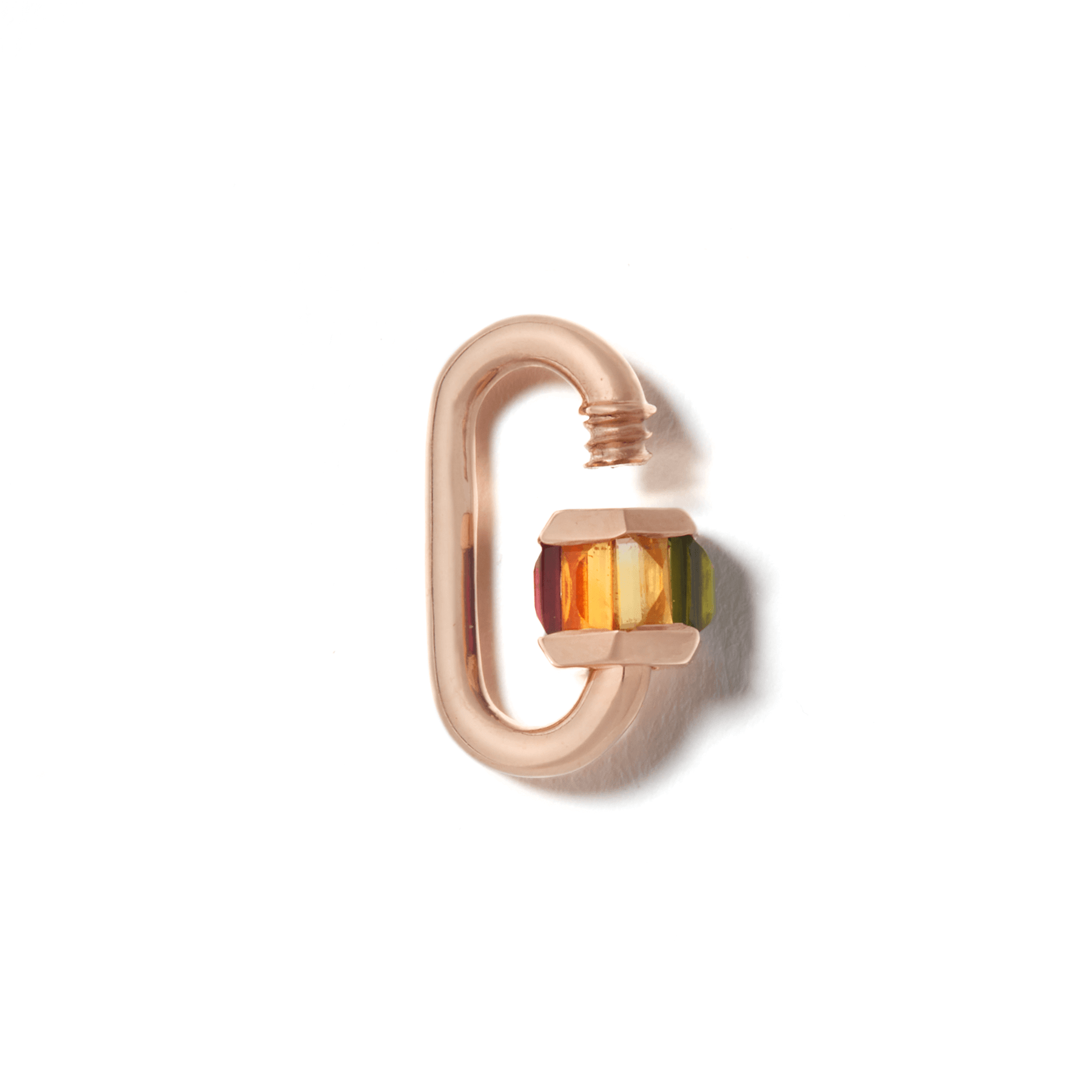 Rose gold roygbiv jewelry lock with open clasp against white backdrop 