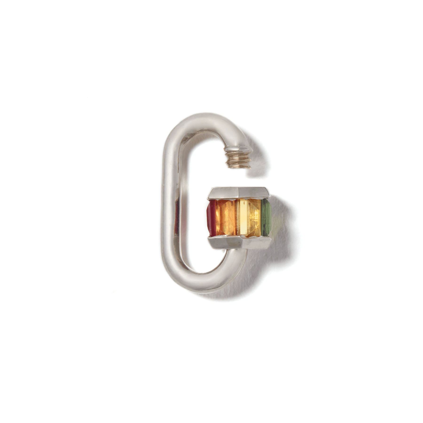 Silver roygbiv fine jewelry lock with open clasp against white backdrop 