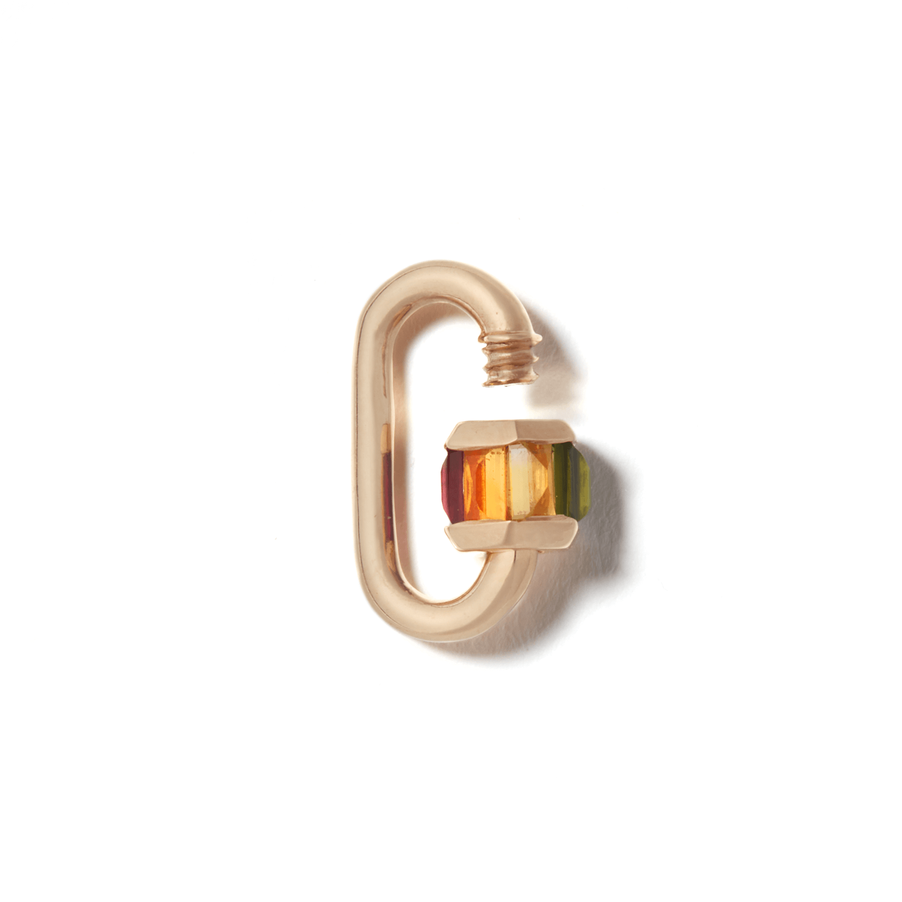 Gold roygbiv fine jewelry lock with open clasp against white backdrop 