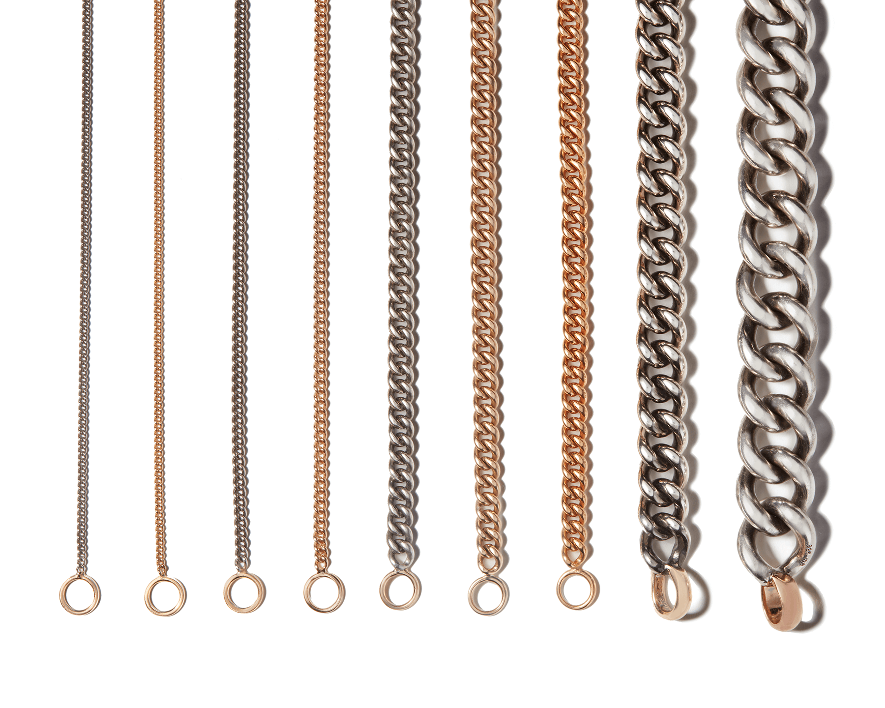 Line up of nine different curb chain bracelet thicknesses against white backdrop