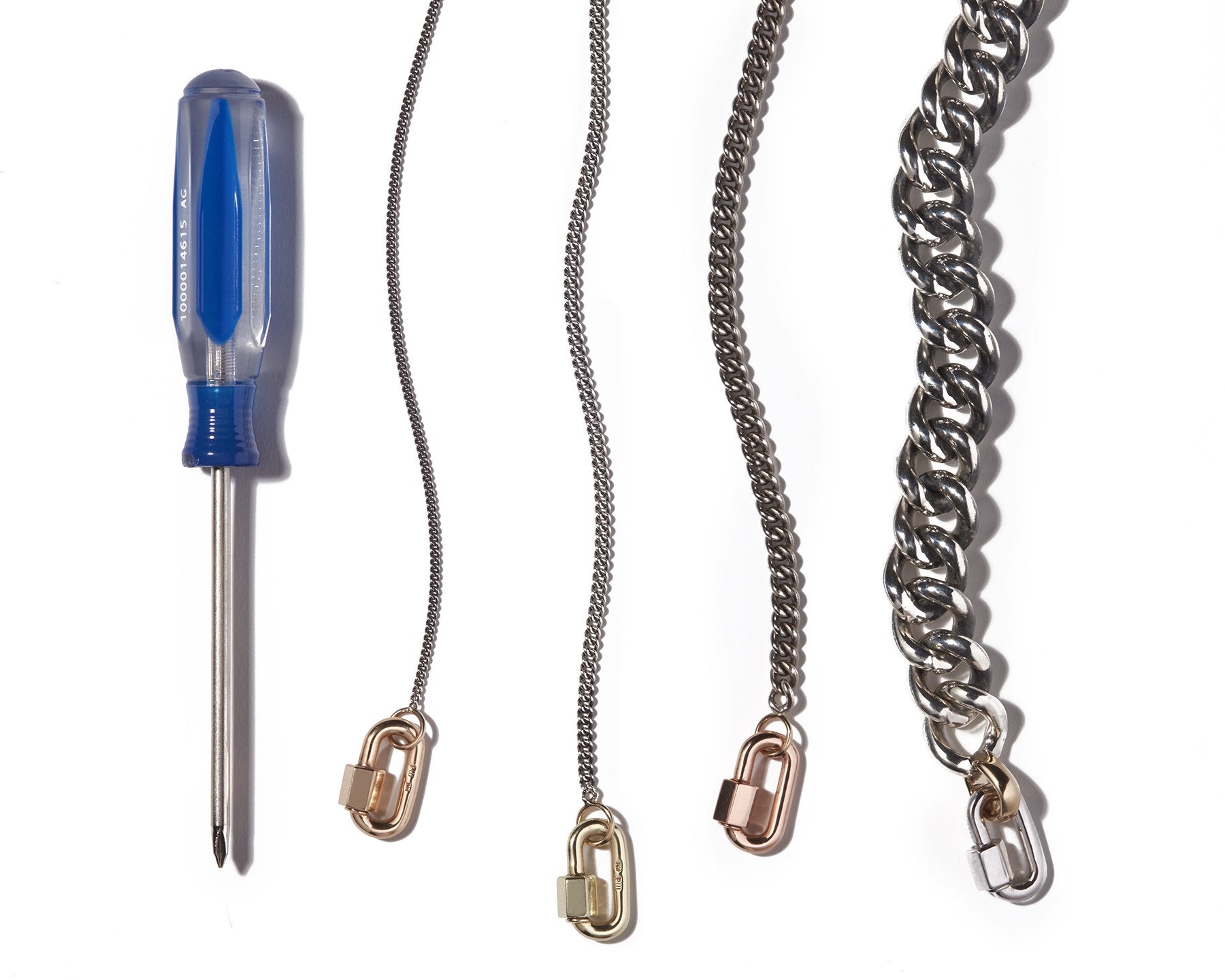 Four curb chains of different thicknesses with lock charms lined up next to each other alongside blue screwdriver