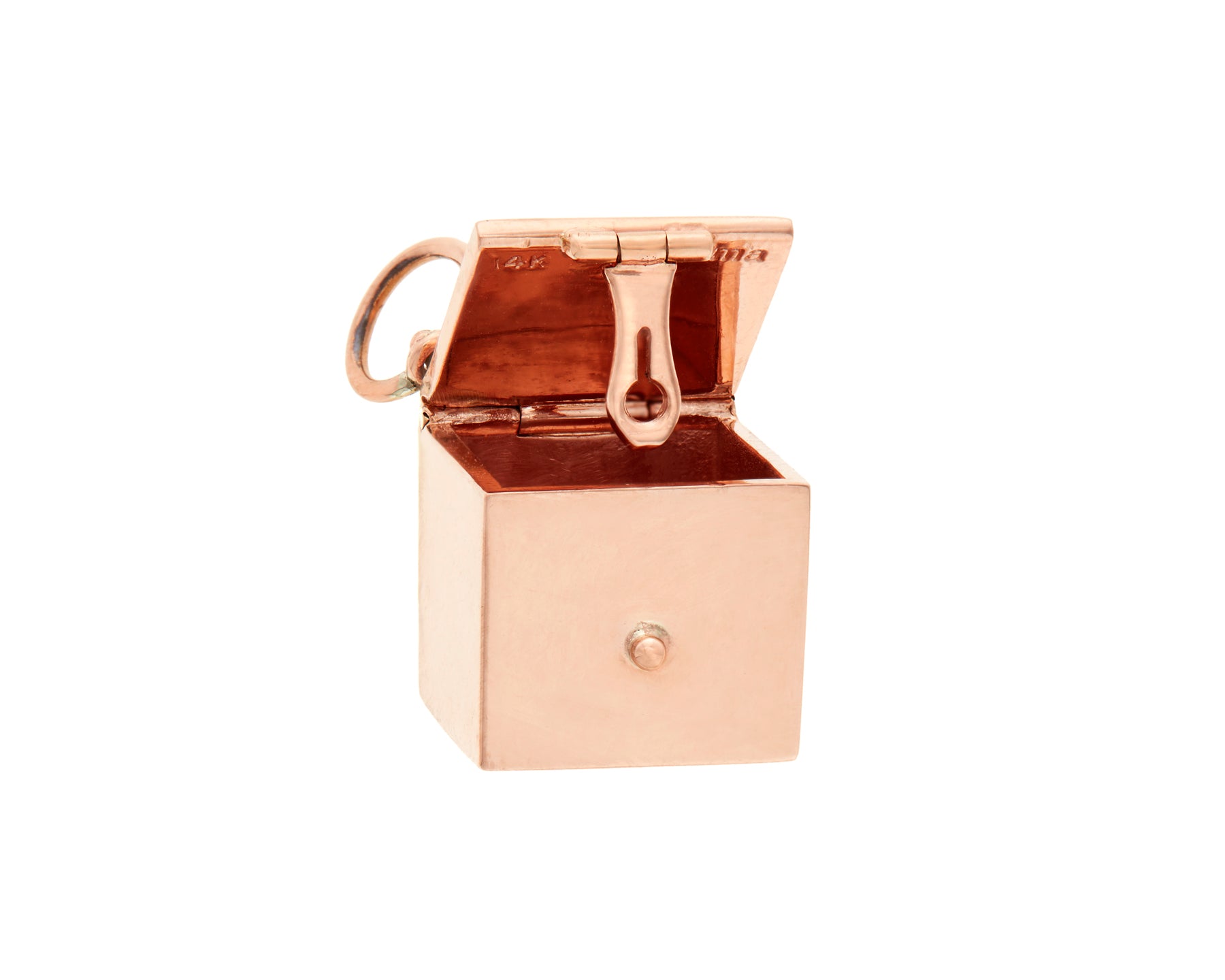 Rose gold charmed box with open lid against white backdrop
