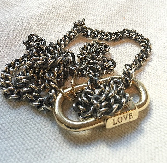 Sterling silver heavy chain necklace with gold lock with "LOVE" engraving