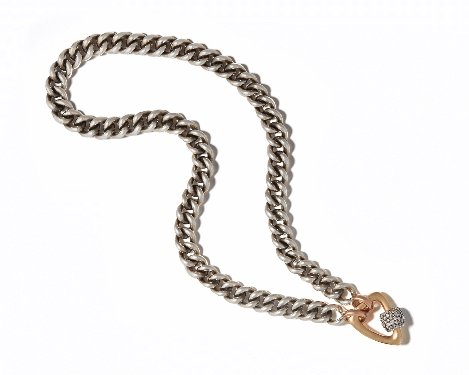 Silver curb chain necklace with gold triangle lock charm