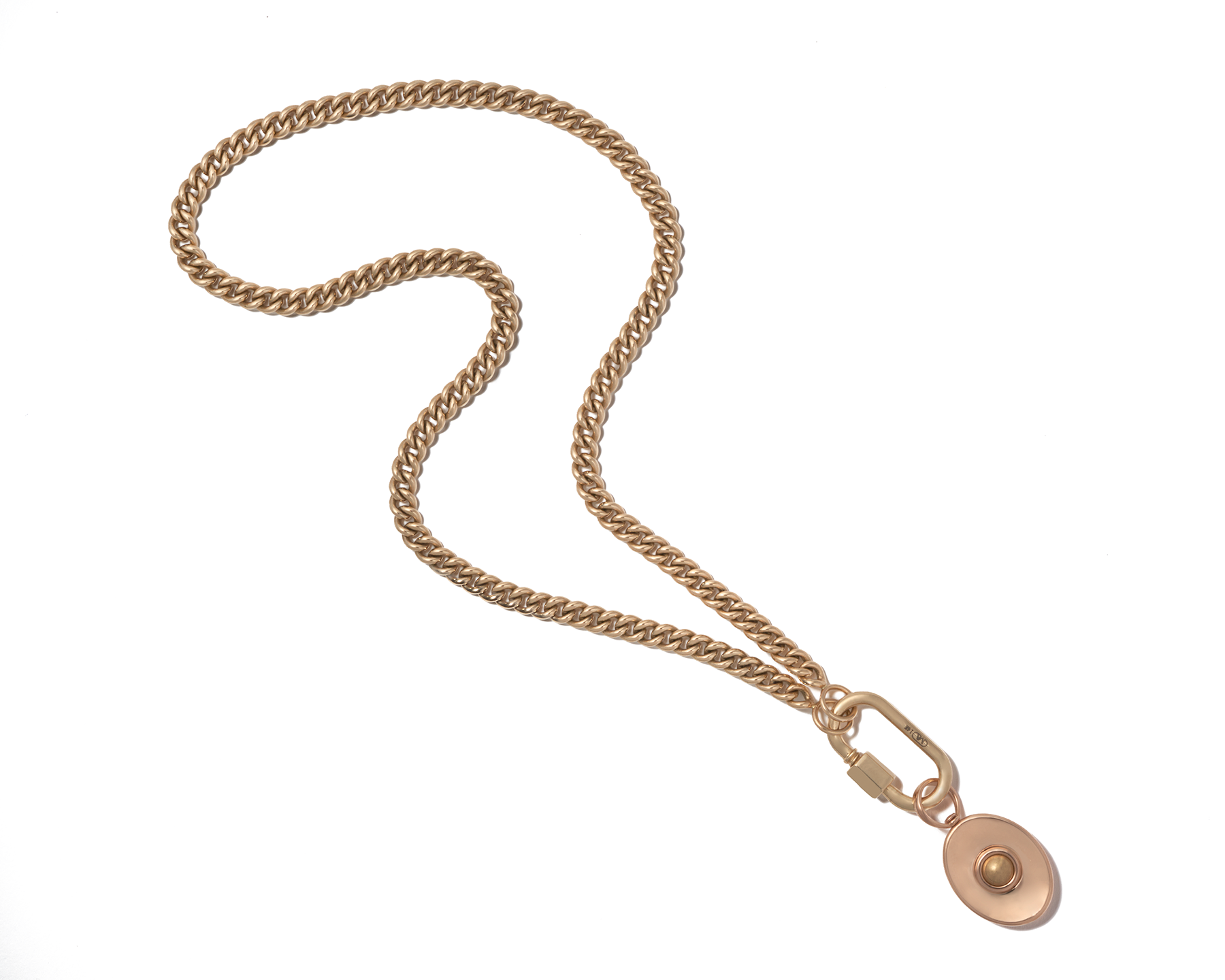 Custom pendant necklace with yellow gold chain and rose gold charm against white backdrop