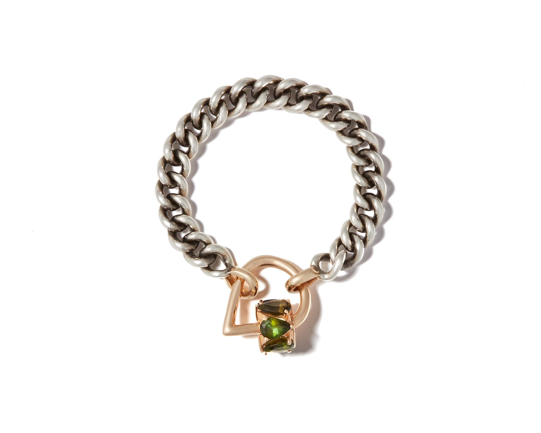 Gold droplock charm with green gemstones attached to silver chain bracelet