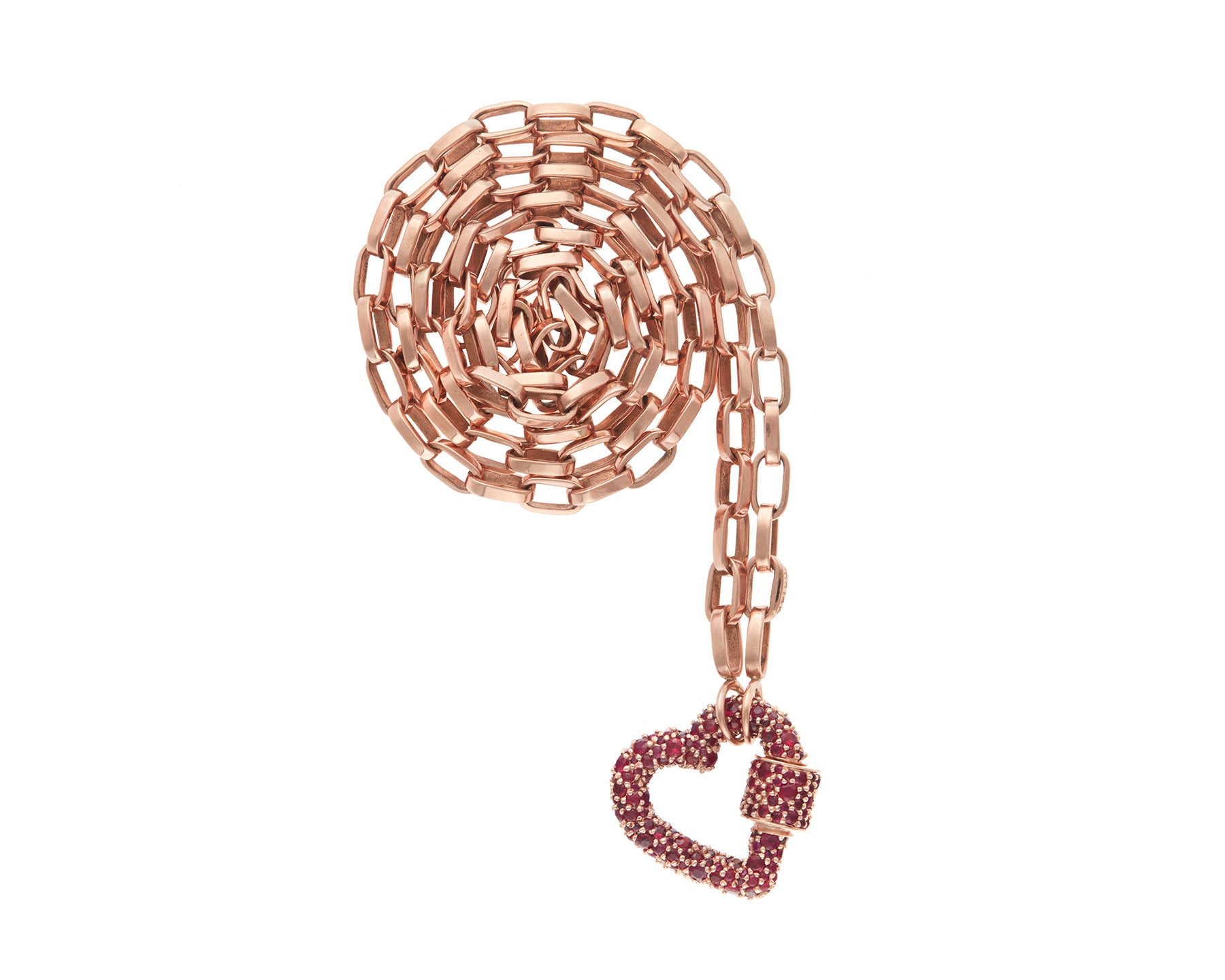 Curled up rose gold necklace with ruby heart charm