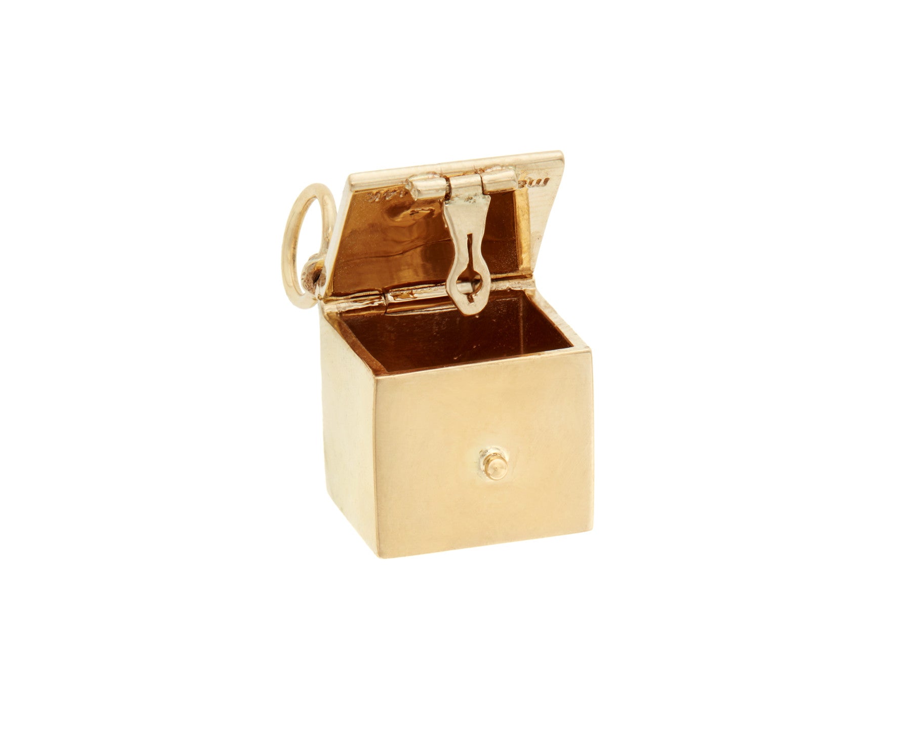 Gold charmed box with open lid against white backdrop