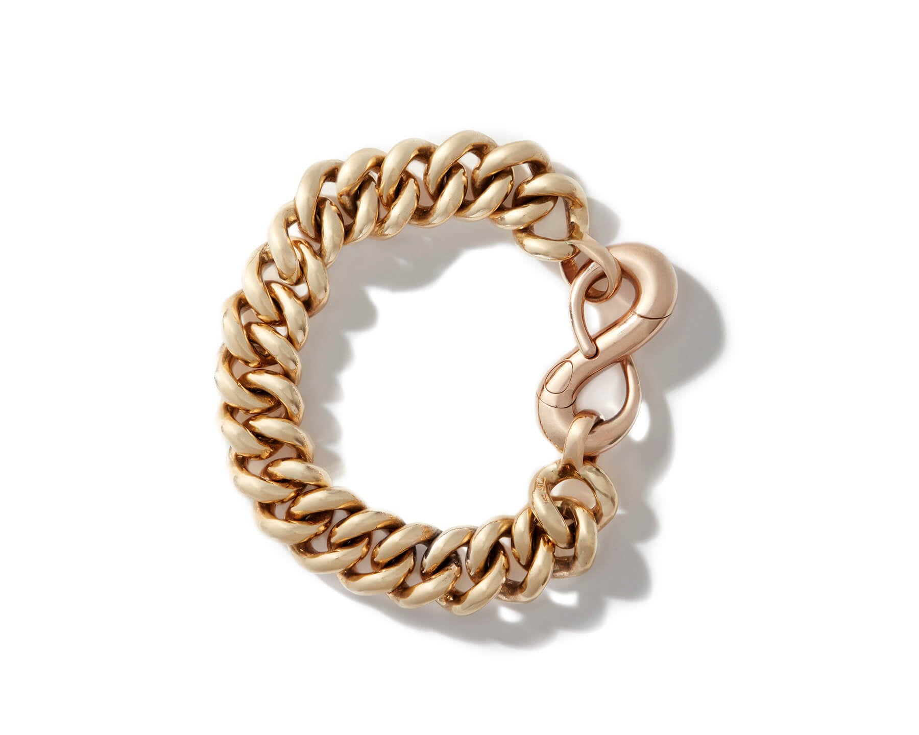 Gold infinity charm on chunky gold bracelet chain