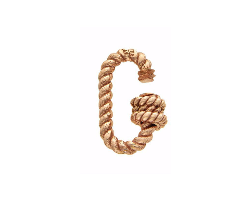 Rose gold twisted lock charm with open clasp against white backdrop