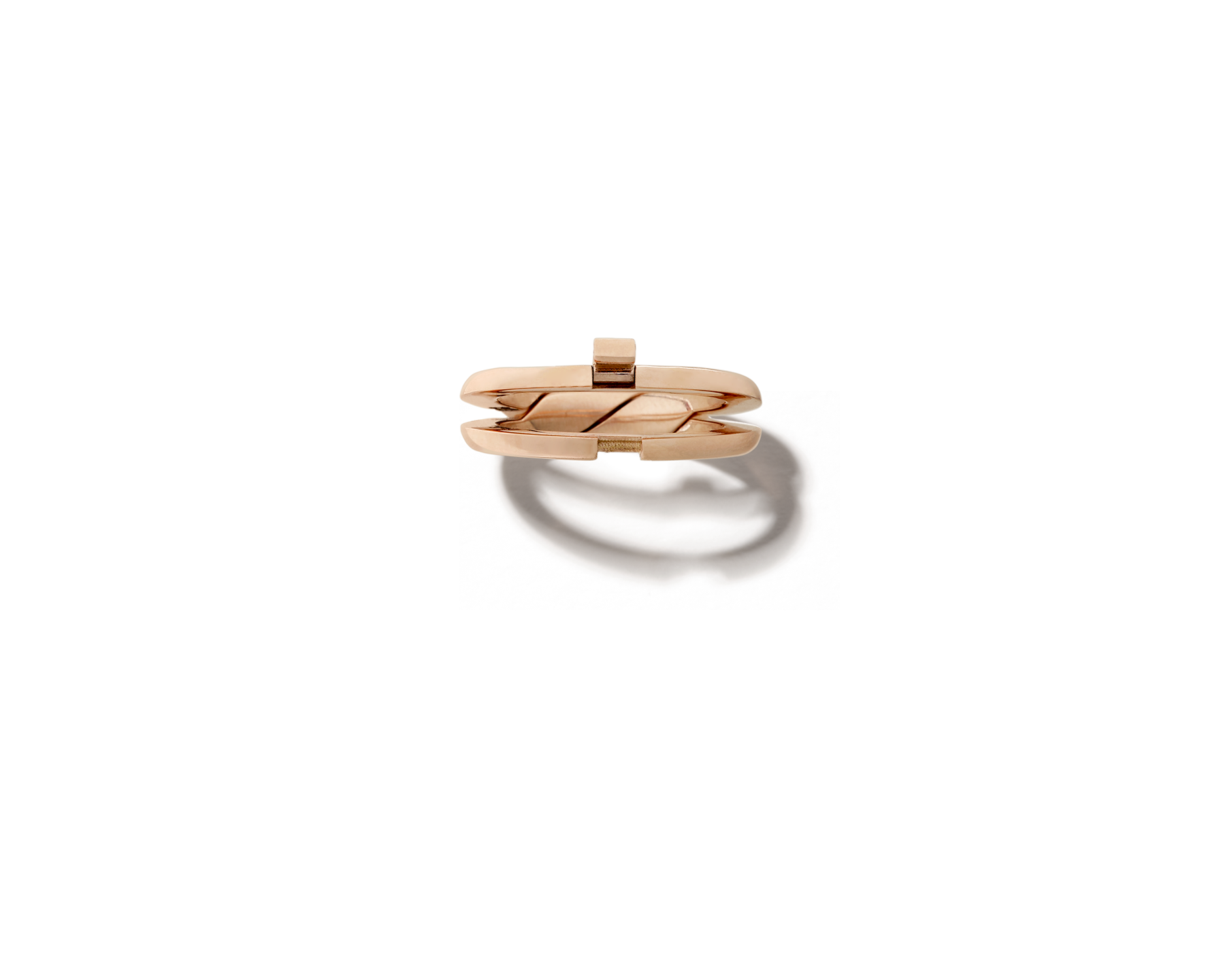 Front view of rose gold intertwine ring with two rings separating 