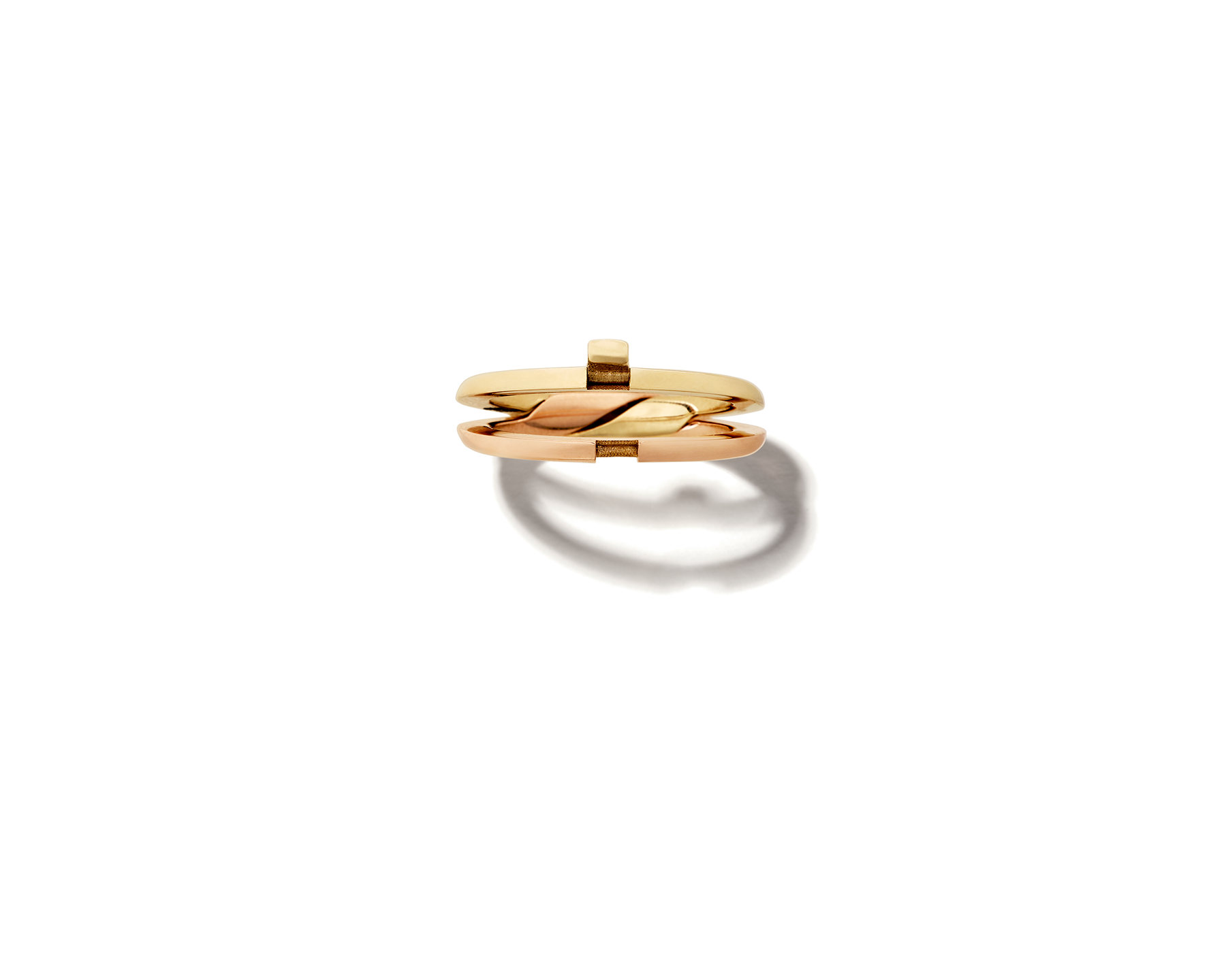 Front view of rose gold and yellow gold intertwine ring with two rings separating 